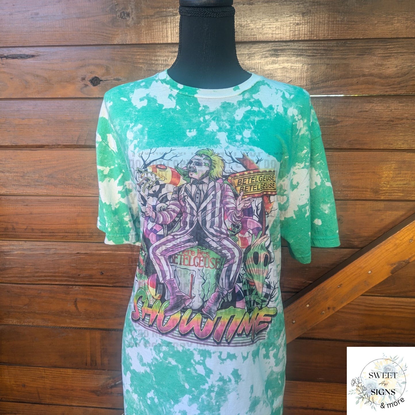 Never Trust The Living - Beetle Juice Inspired tee-shirt- Halloween Scary - Horror Movie Tee- shirts Bleached Sublimated Tee Shirt -