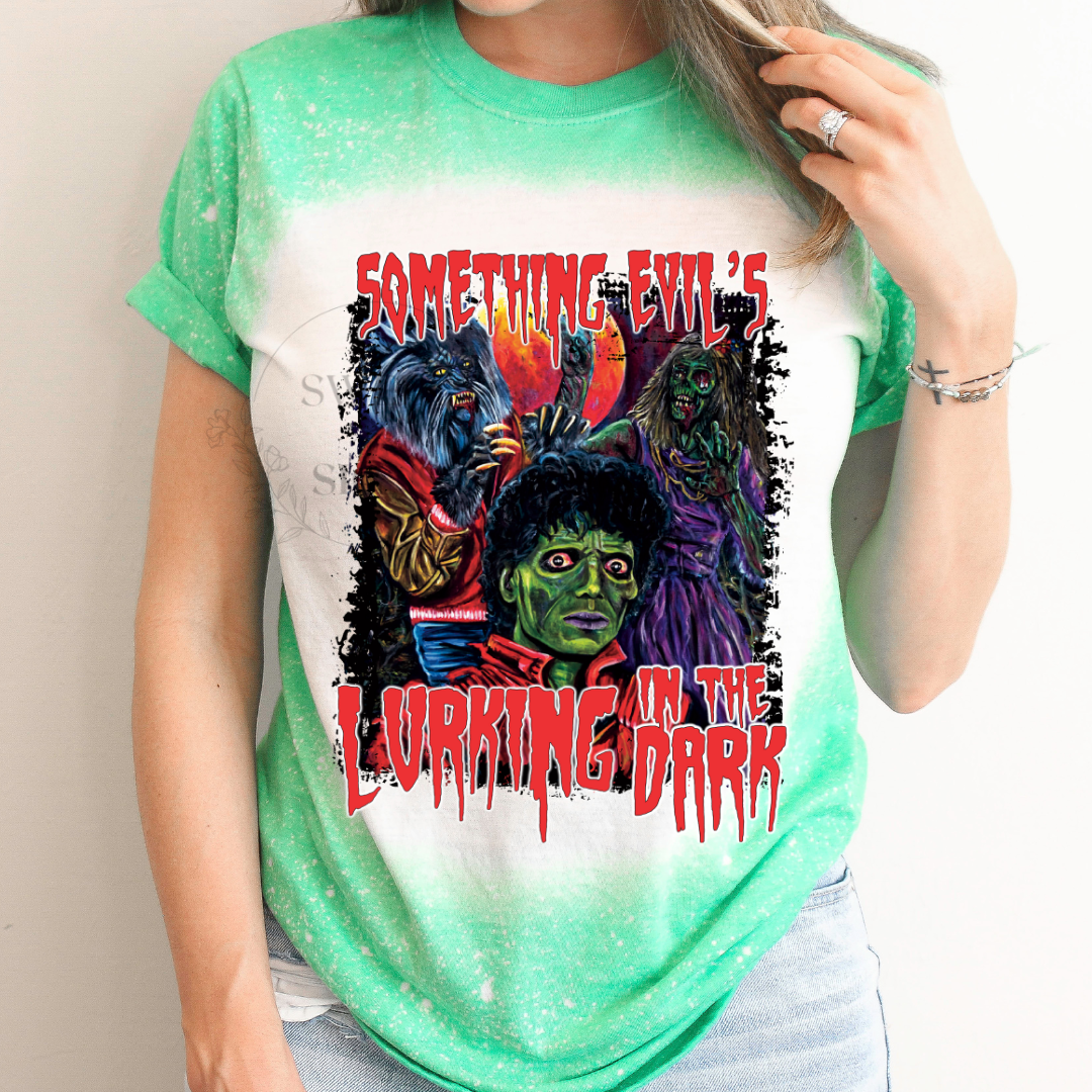 Something evil's lurking in the dark Bleached Shirt, Scary Movie Shirt, Halloween T-Shirt, Halloween Bleached Tee,