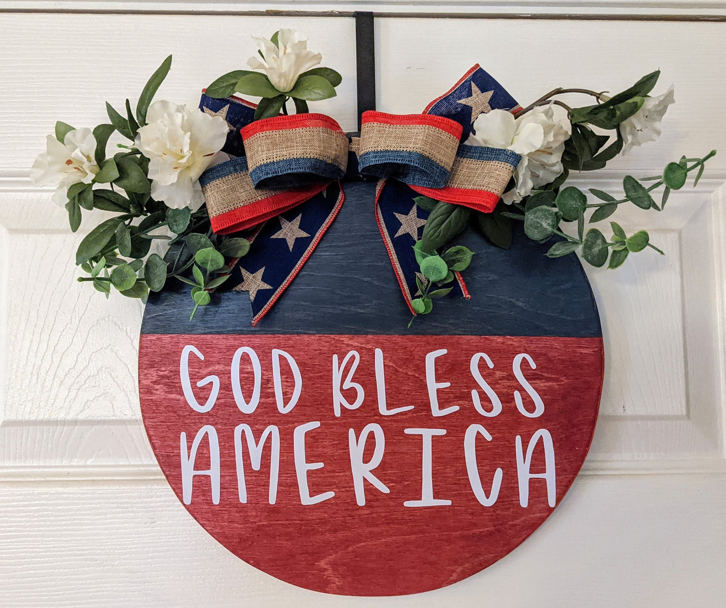 Wood Door, Round Door Hanger,God Bless America Red White and Blue Front Door Sign | Door Hanger for 4th of July and Memorial Day | Patriotic