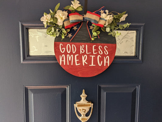 Wood Door, Round Door Hanger,God Bless America Red White and Blue Front Door Sign | Door Hanger for 4th of July and Memorial Day | Patriotic