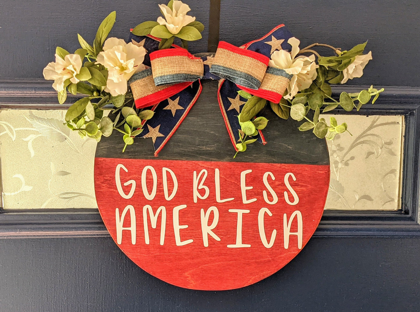 Wood Door, Round Door Hanger,God Bless America Red White and Blue Front Door Sign | Door Hanger for 4th of July and Memorial Day | Patriotic