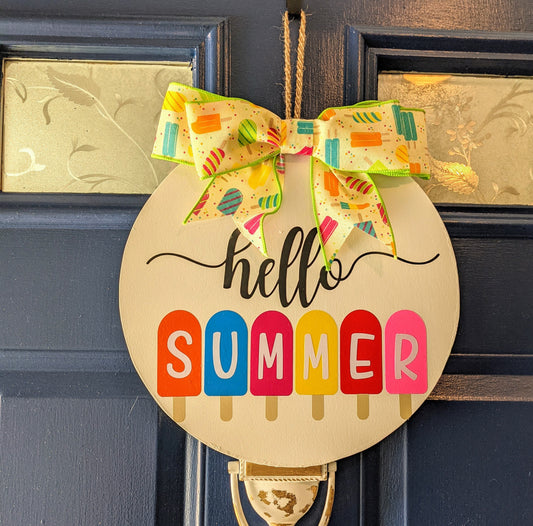 Hello Summer Wood Door Hanger , summer wreath, round wooden door hanger , front door wreath, front door decor
