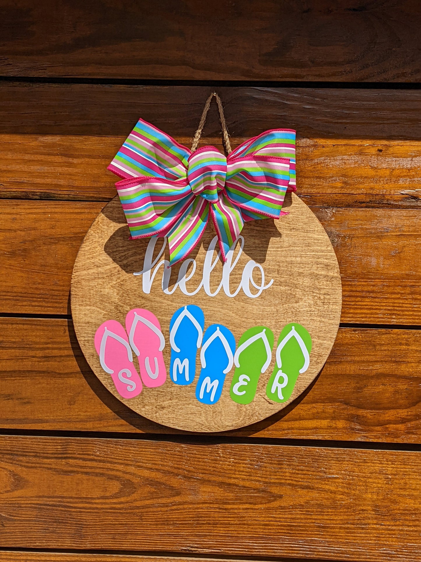 Hello Summer Wood Door Hanger , summer wreath, round wooden door hanger , front door wreath, front door decor, flip flops