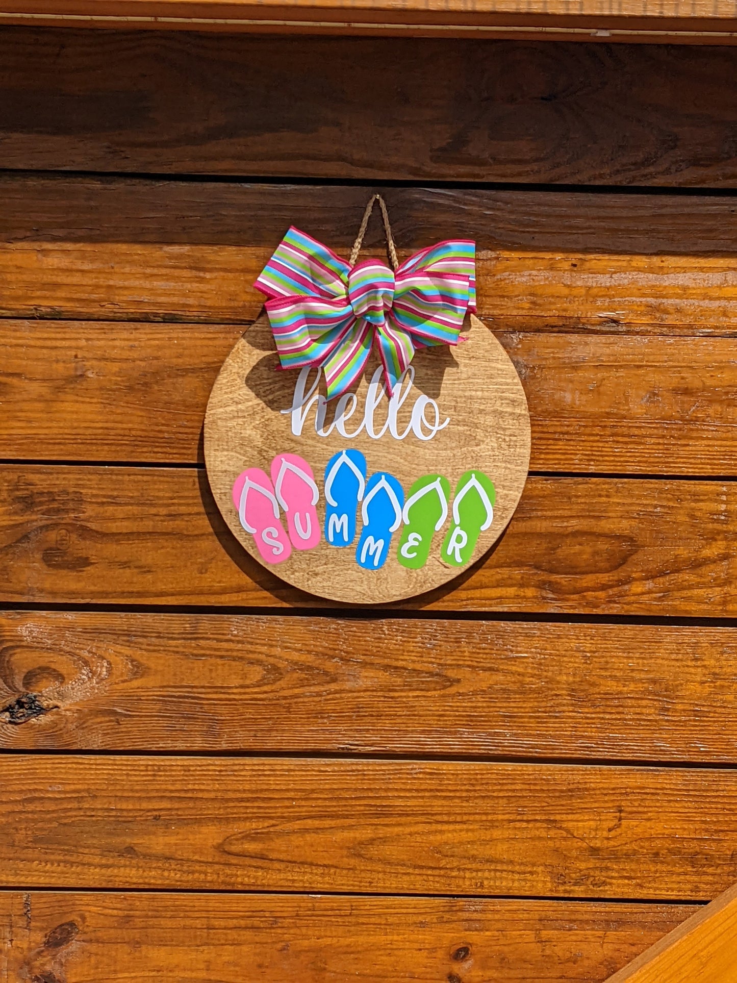 Hello Summer Wood Door Hanger , summer wreath, round wooden door hanger , front door wreath, front door decor, flip flops