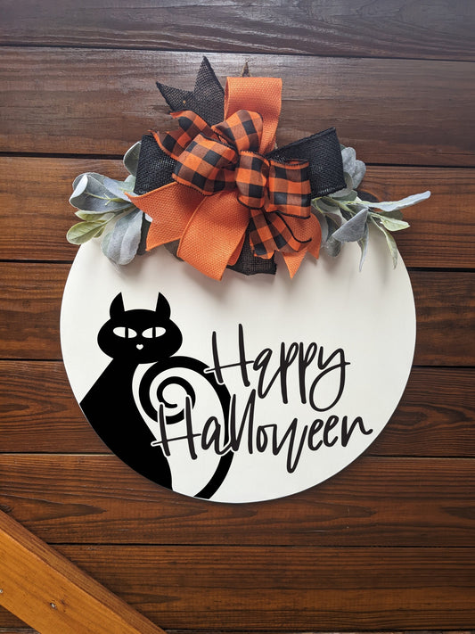 Happy Halloween ,Halloween Front Door Decor, Black Cat, ,Halloween Decor , Door Hanger , Door Wreath, Wreath, Halloween