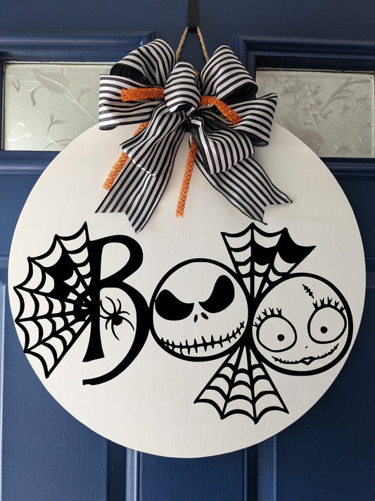 Jack Skellington and Sally, BOO, Door Hanger, Welcome Sign, Housewarming Gift, Halloween, Nightmare before Christmas Door hanger, BOO wreath