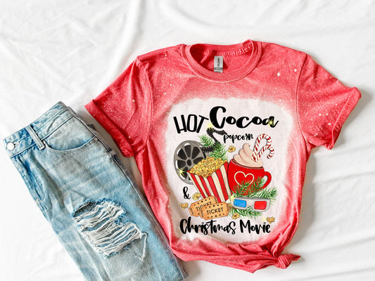 Hot Chocolate And Christmas Movie Bleached Shirt, Christmas Party, Hot Cocoa Lover, Merry Christmas Tee, Winter Shirt, Holiday Bleached Gift