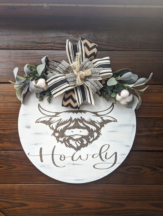 Howdy, Cowhide Door Hanger, Cowprint, Farmhouse Door Hanger, Western Door Hanger, Cowhide Wreath, Howdy Door Hanger, Wreath, Farmhouse Sign