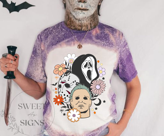 Halloween Floral Bleached Shirt, Bleached Halloween Shirt, Scary Movie Shirt, Halloween T-Shirt, Halloween Bleached Tee, Jason, Michael