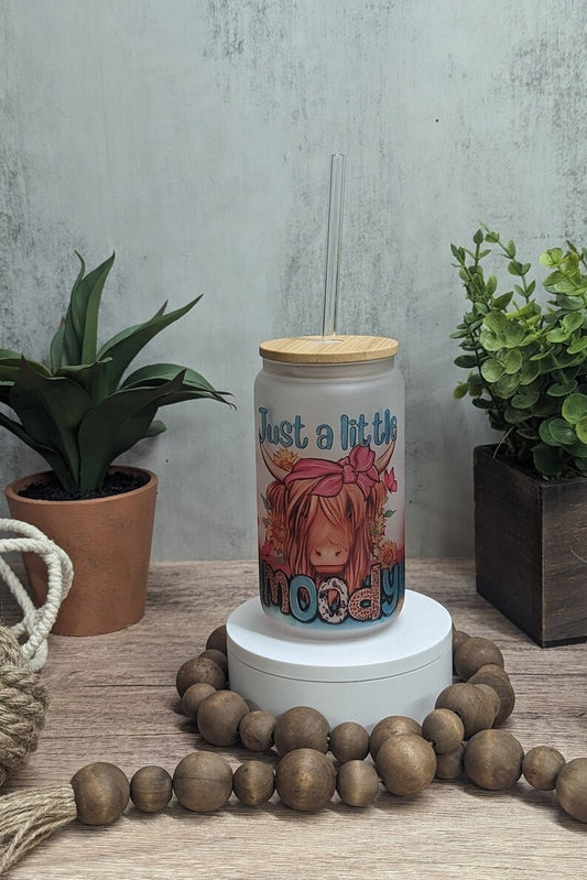 Libby Glass Can, Highland cow, 16oz Glass Can, Iced Coffee Can Cow Just a Little Moody Cup, Frosted Beer, Funny Moody Animal, Western Cup