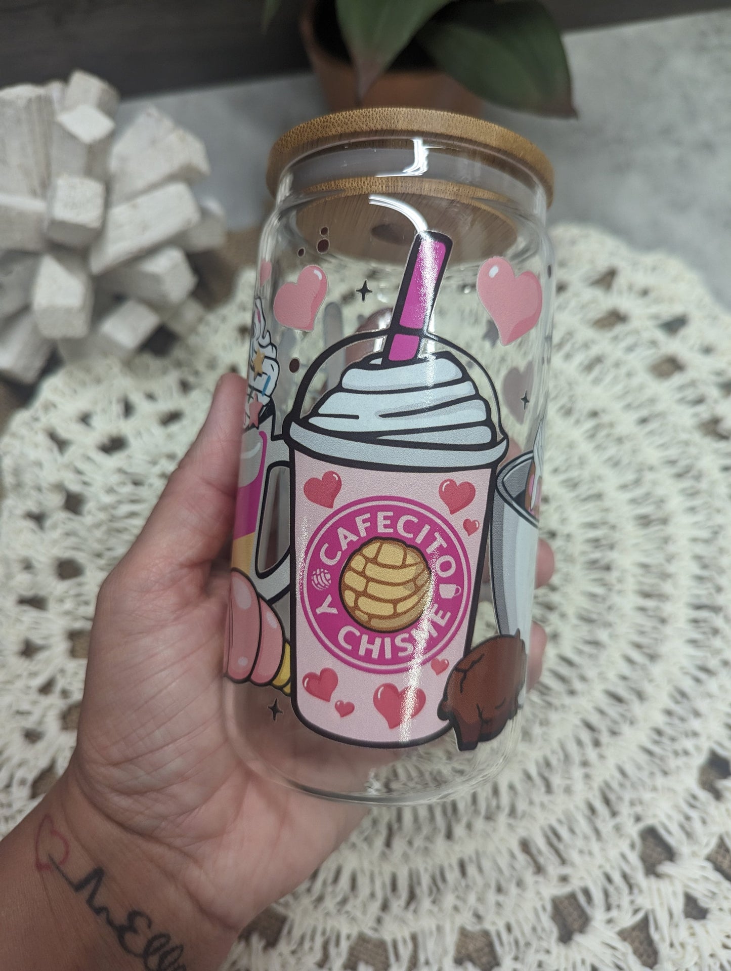 Cafecito y Chisme Glass Cup, Coffee cup, Libbey glass, Glass Can, Glass Tumbler
