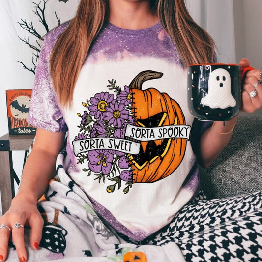 Halloween Bleached Tee / Women&#39;s Bleached Tee/ Sorta Sweet Sorta Spooky Shirt/ Graphic Bleach Tee/ Pumpkin Shirt/ Pumpkin Halloween Tee